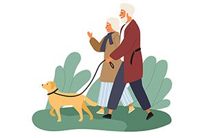 老夫婦が犬と散歩をしているイラスト